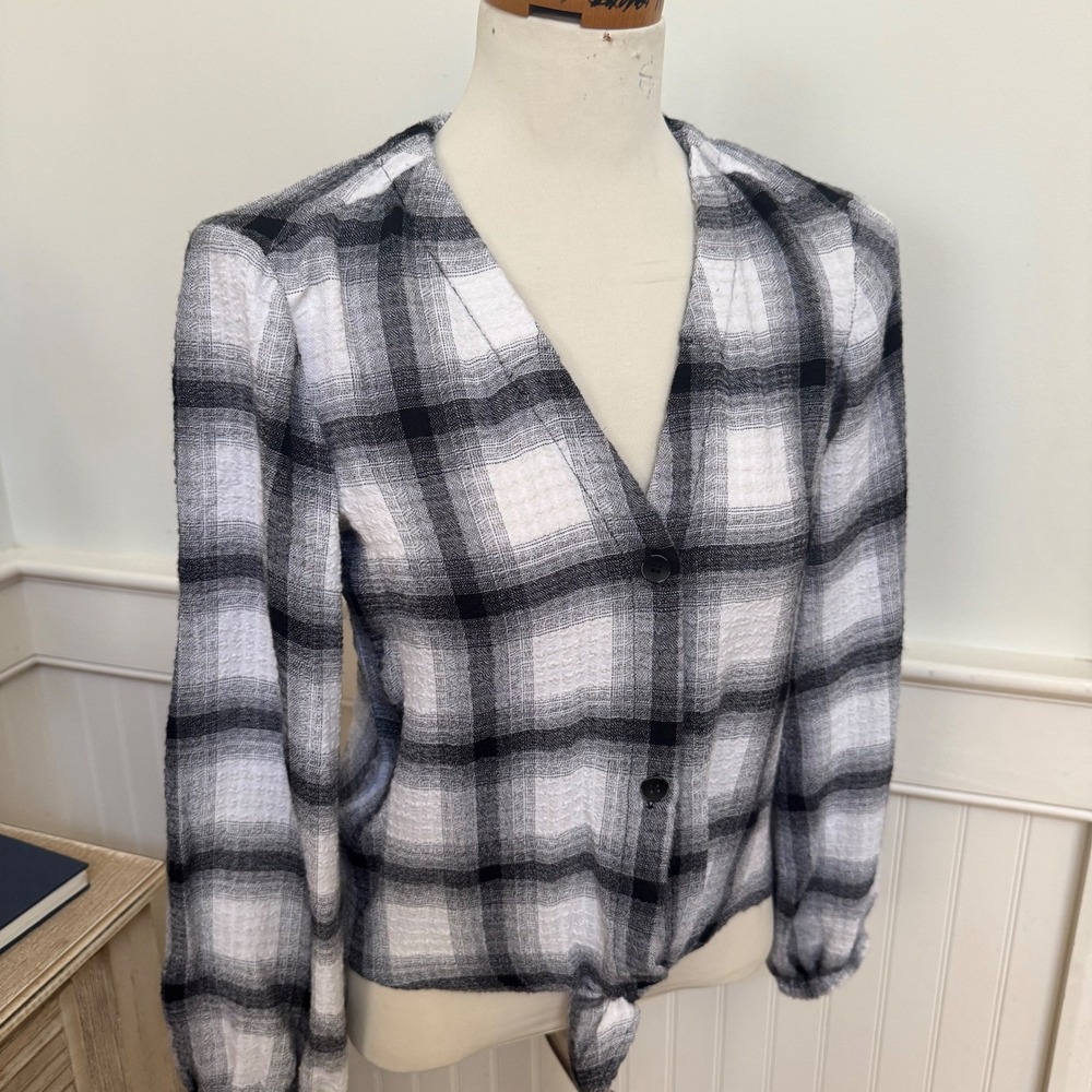 Cloth & Stone Anthropologie Plaid Wrap Blouse Womens XS Black White
